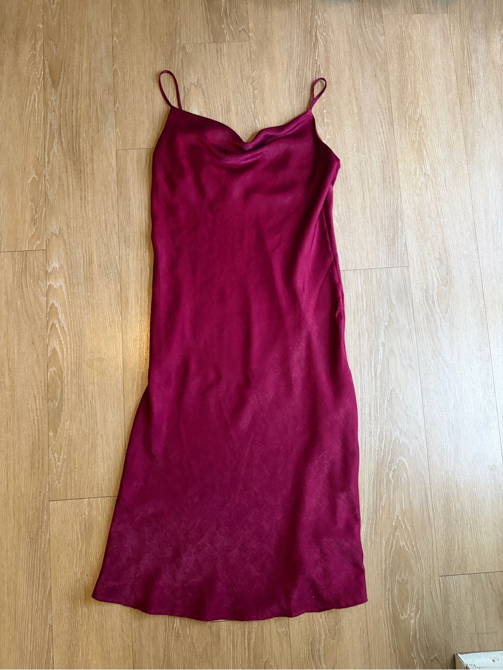 Burgundy Satin-Like Spaghetti Strap Midi Slip Dress